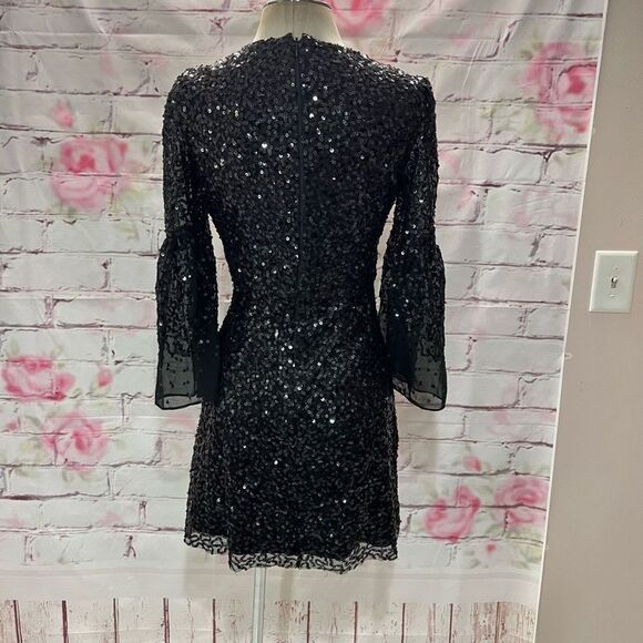 French Connection Women's Cellienne Sequin Bell Sleeve Laced Mini Black Dress 4 - Picture 8 of 13